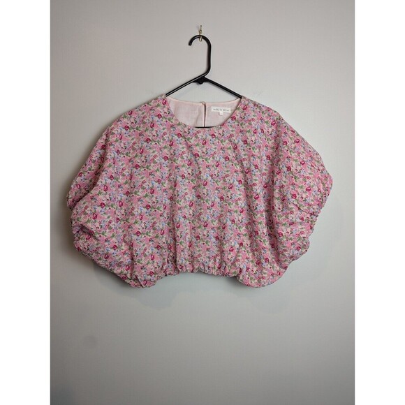 Free The Roses Women's Voluminous Crop Top L Puff Sleeve Floral Pink - Picture 2 of 13